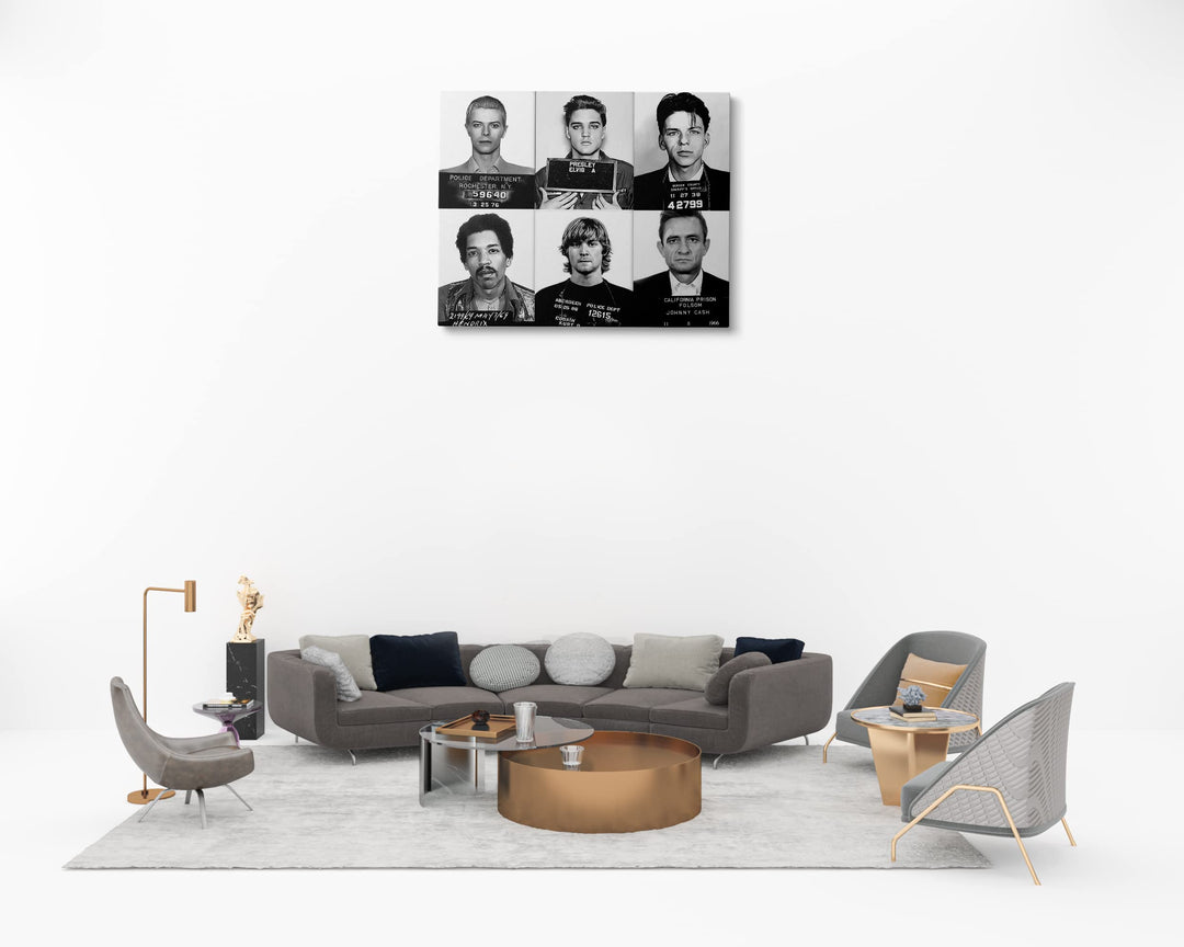 Kurt Cobain, Elvis Presley, Jimi Hendrix, David Bowie, Frank Sinatra, Johnny Cash Poster Canvas Framed, Celebrity Mugshot Poster, Mugshot Wall Art