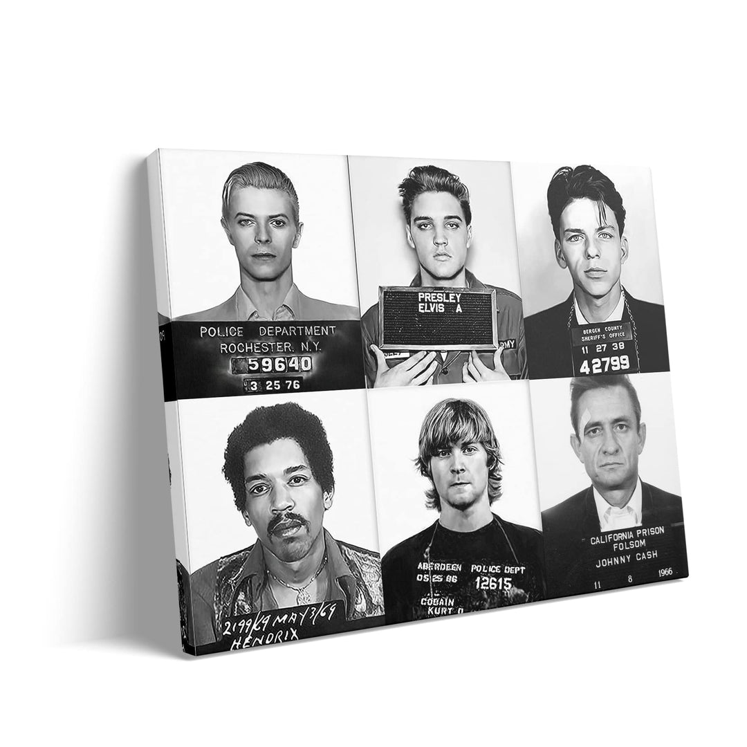 Kurt Cobain, Elvis Presley, Jimi Hendrix, David Bowie, Frank Sinatra, Johnny Cash Poster Canvas Framed, Celebrity Mugshot Poster, Mugshot Wall Art