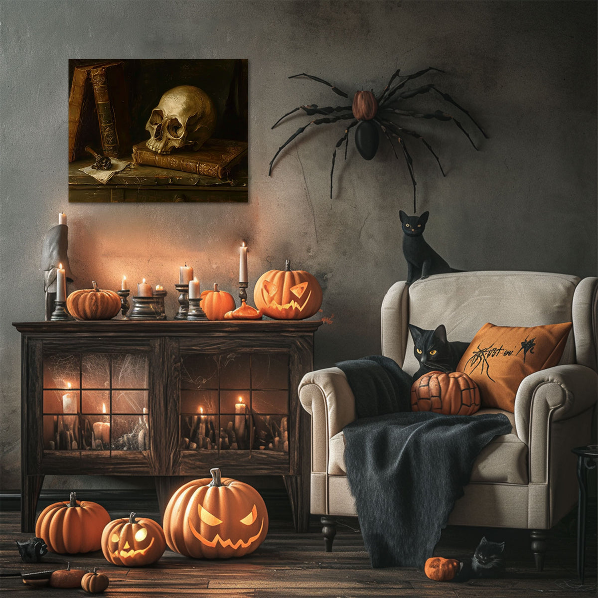 Gothic Skull and Antique Books Still Life Canvas Wall Art