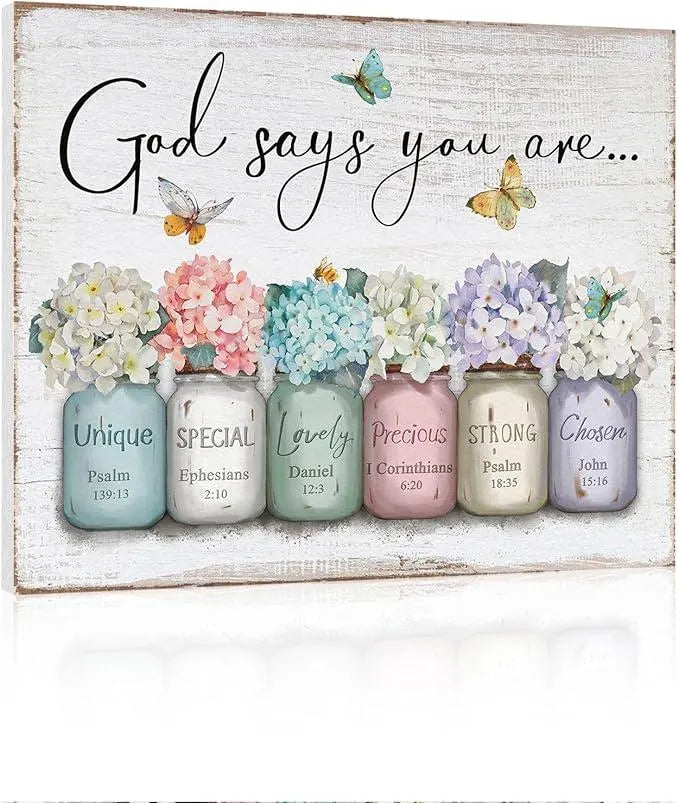 Easter Christian Wall Art God Says You Are Sign, Floral Mason Jar Scripture Canvas, Inspirational Bible Verse Spring Decor