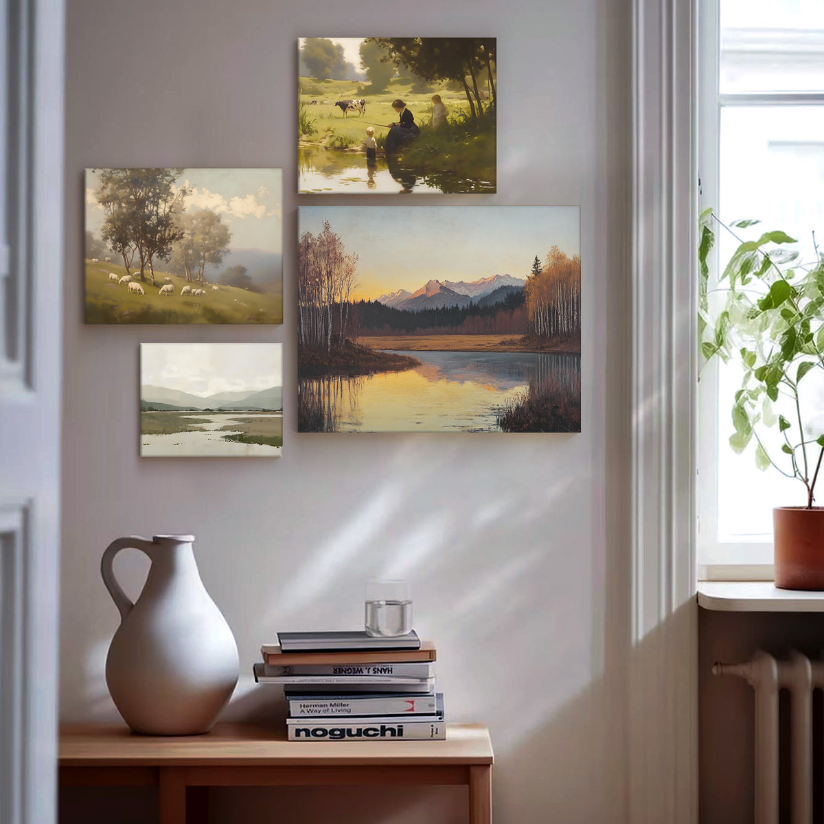 Sheep Grazing in the Misty Meadow Soft Atmospheric Pastoral Landscape Painting Wall Art