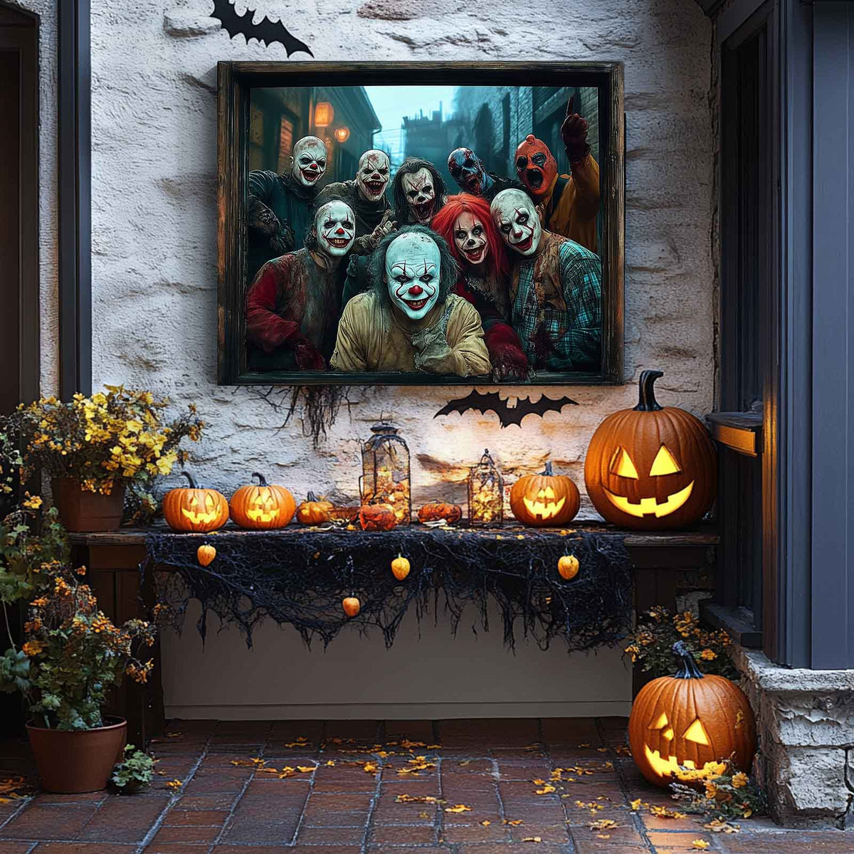 Creepy Clown Gang Halloween Canvas Wall Art – Haunted Horror Party Decor