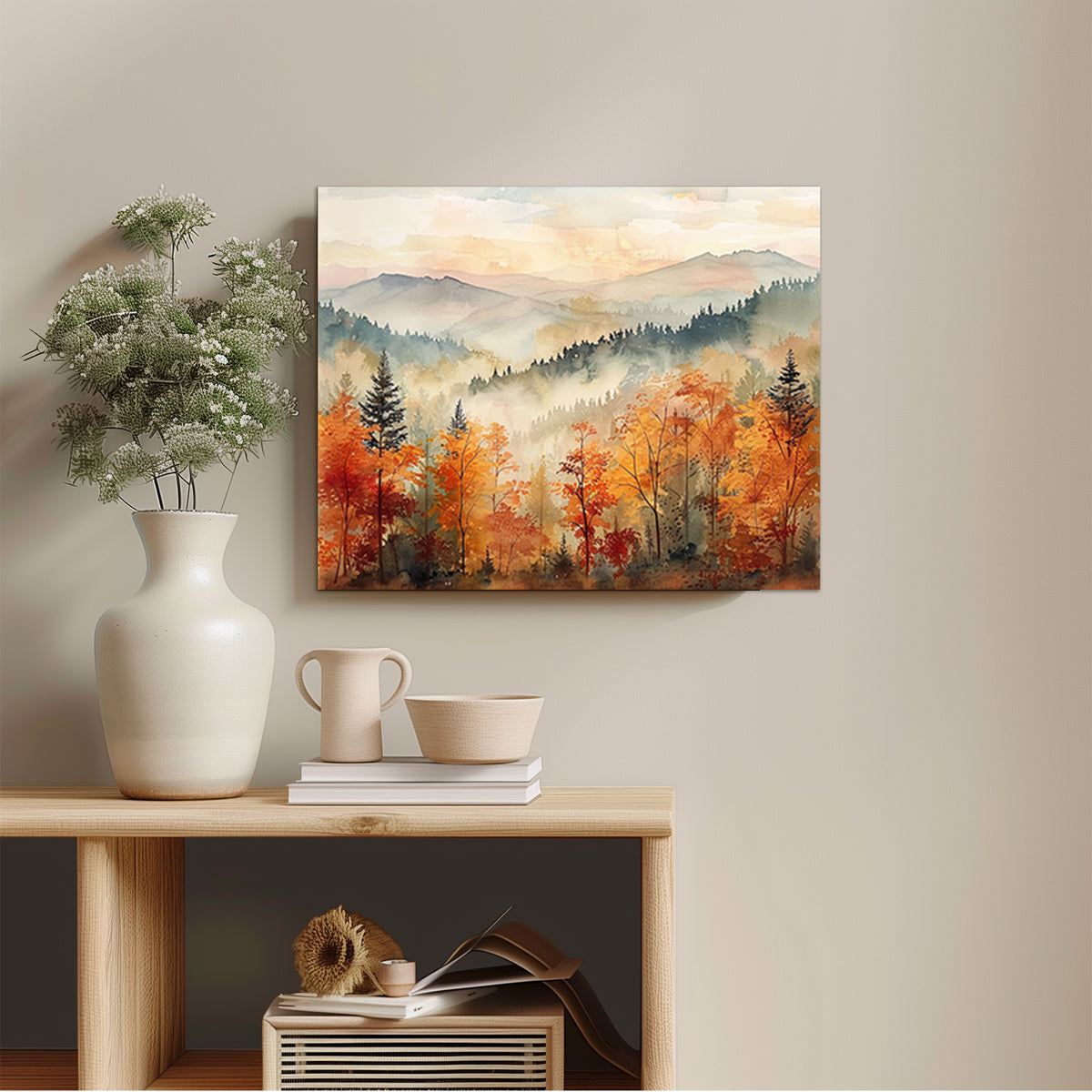 Autumn Mountain Forest Watercolor Landscape Wall Art