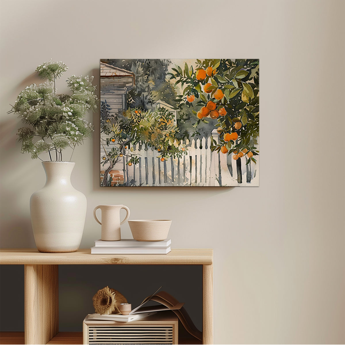 Citrus Garden Fence Watercolor Canvas Wall Art