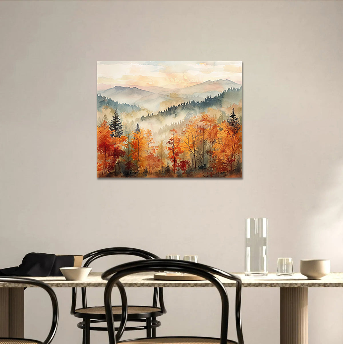 Autumn Mountain Forest Watercolor Landscape Wall Art