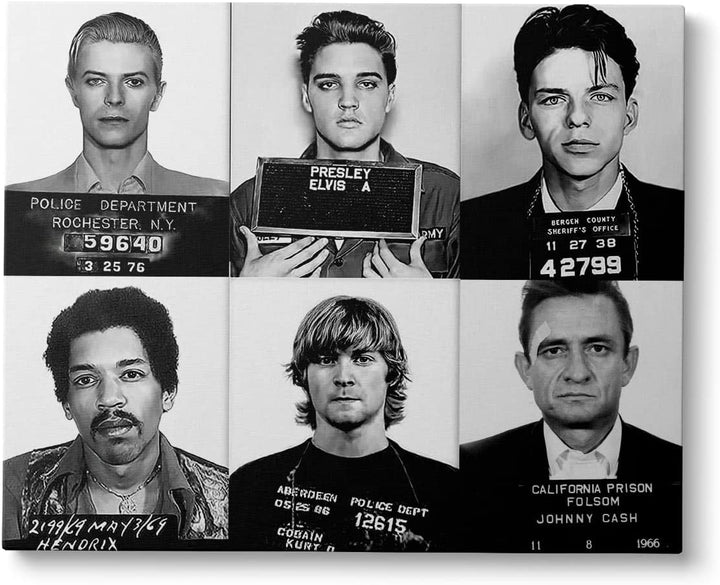 Kurt Cobain, Elvis Presley, Jimi Hendrix, David Bowie, Frank Sinatra, Johnny Cash Poster Canvas Framed, Celebrity Mugshot Poster, Mugshot Wall Art