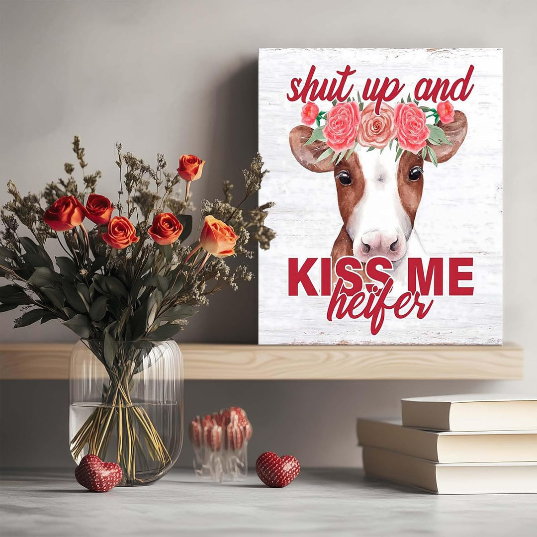 "Shut up and kiss me, heifer." Funny Cow with Floral Crow, Humorous Rustic Farmhouse Print Canvas