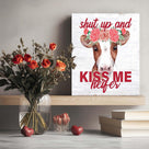 "Shut up and kiss me, heifer." Funny Cow with Floral Crow, Humorous Rustic Farmhouse Print Canvas
