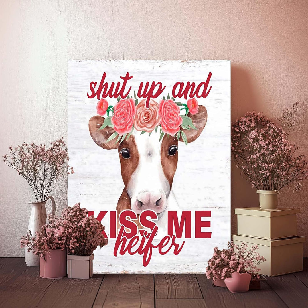 "Shut up and kiss me, heifer." Funny Cow with Floral Crow, Humorous Rustic Farmhouse Print Canvas
