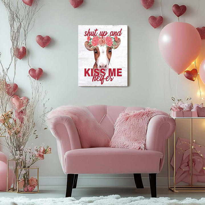 "Shut up and kiss me, heifer." Funny Cow with Floral Crow, Humorous Rustic Farmhouse Print Canvas