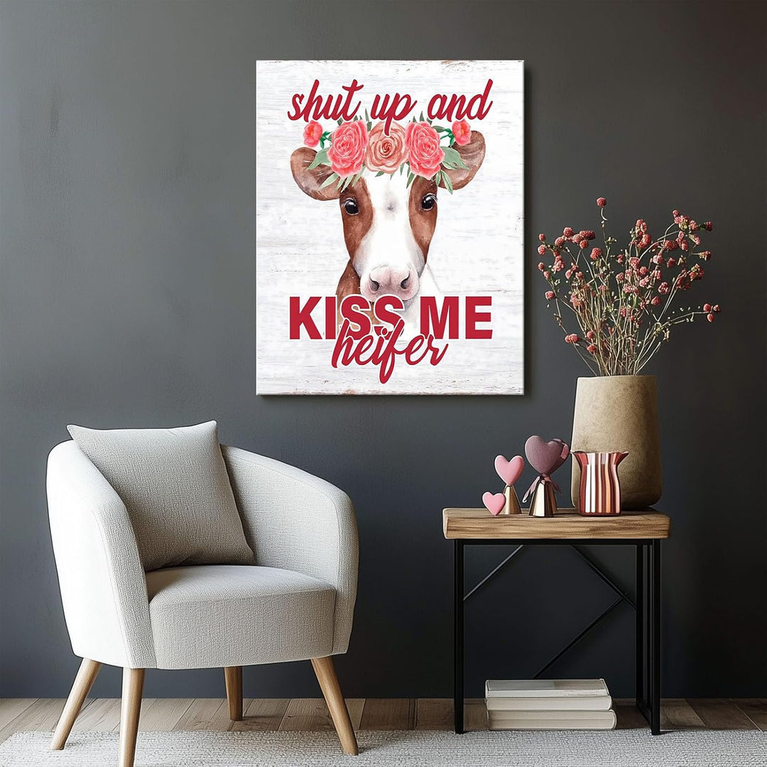 "Shut up and kiss me, heifer." Funny Cow with Floral Crow, Humorous Rustic Farmhouse Print Canvas