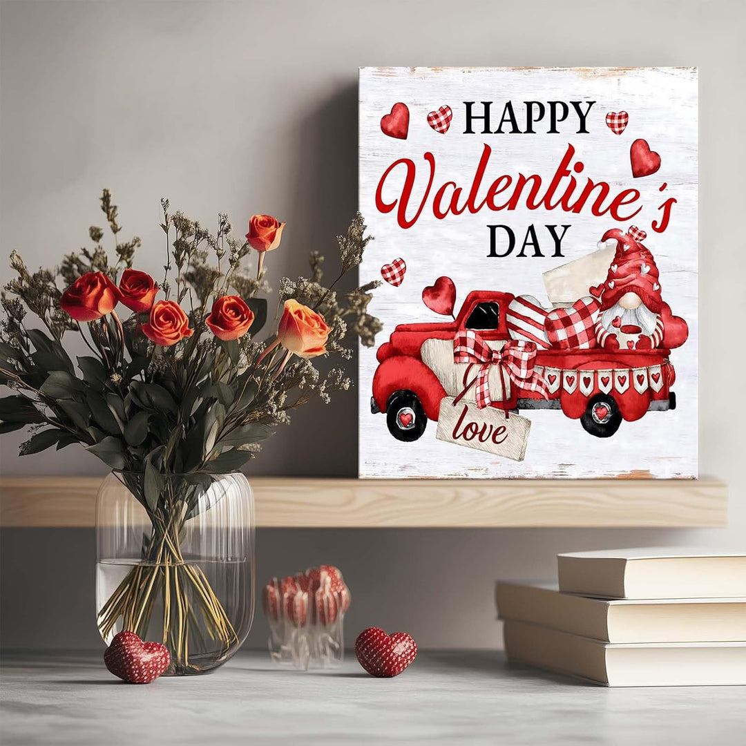 Valentine's Day Canvas Wall Art, Romantic Red Truck with Hearts