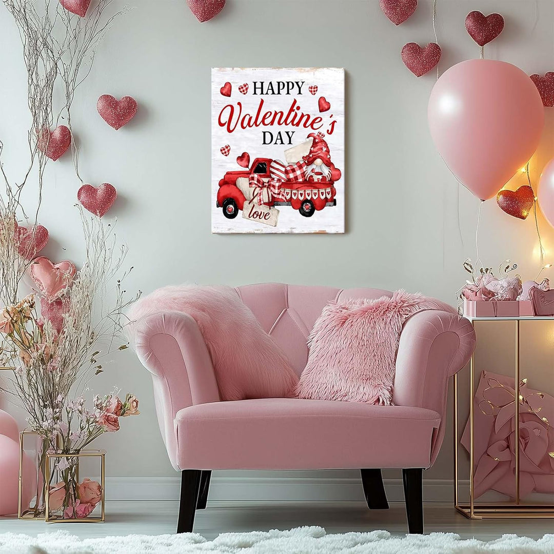 Valentine's Day Canvas Wall Art, Romantic Red Truck with Hearts
