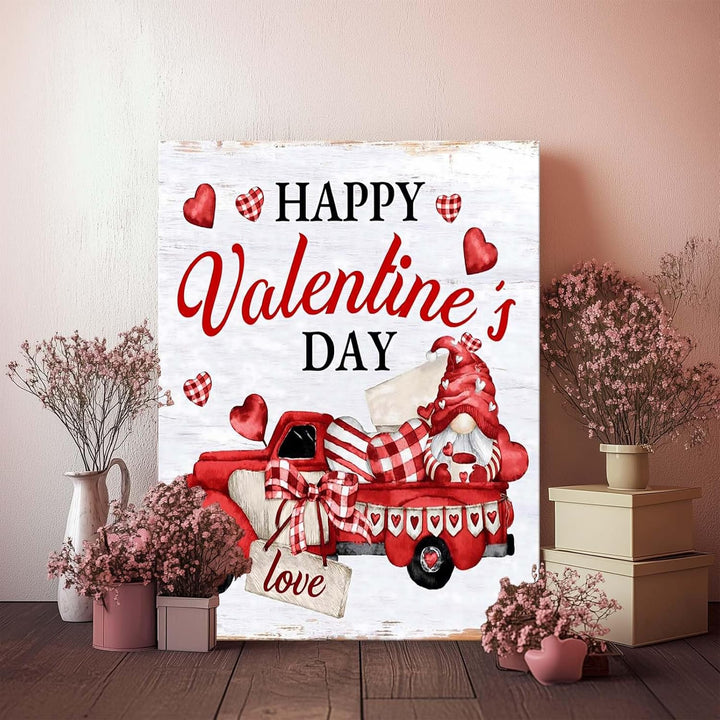 Valentine's Day Canvas Wall Art, Romantic Red Truck with Hearts
