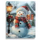 Cute Snowman Christmas Canvas Wall Art, Snowy Holiday House with Wreath and Lantern Decor