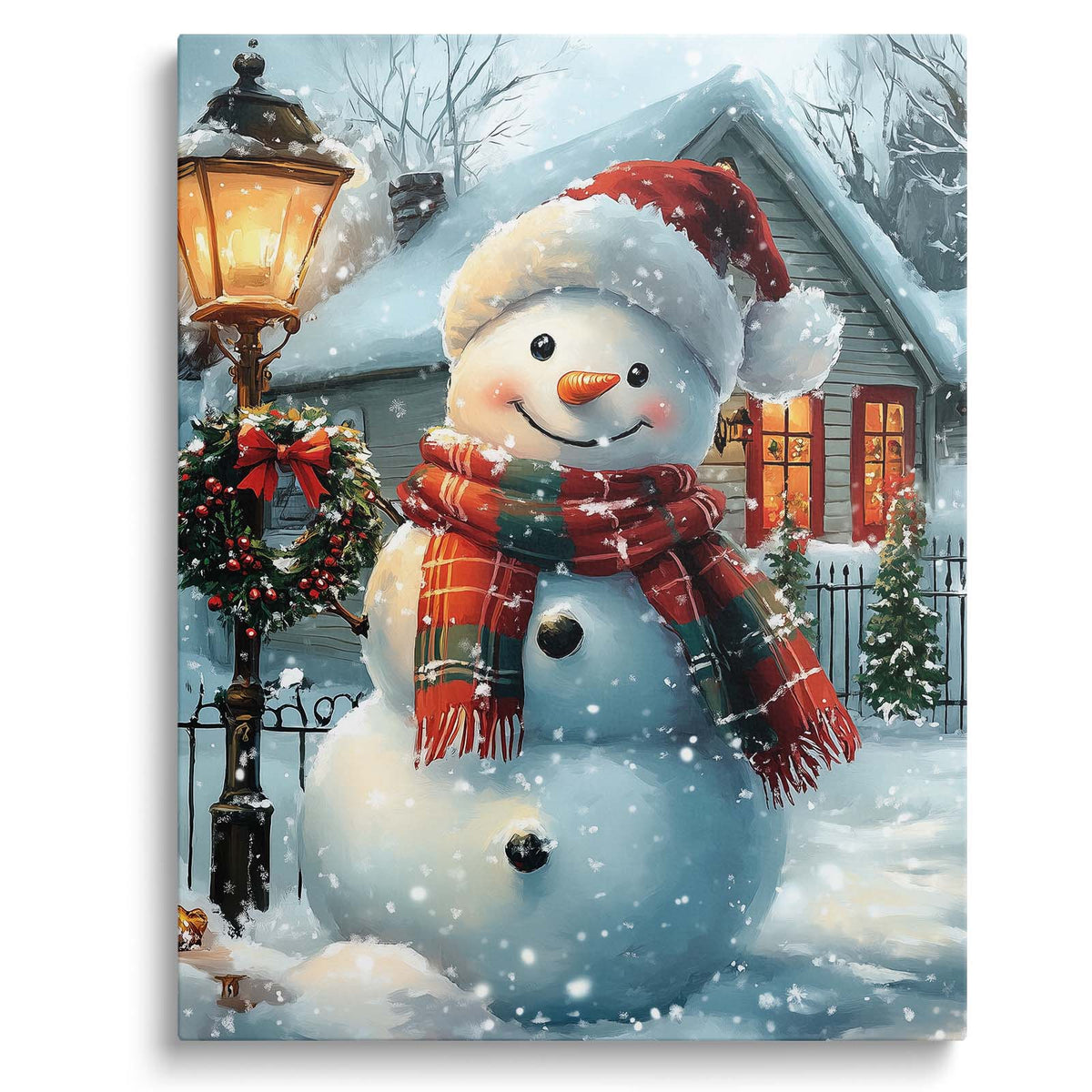 Cute Snowman Christmas Canvas Wall Art, Snowy Holiday House with Wreath and Lantern Decor
