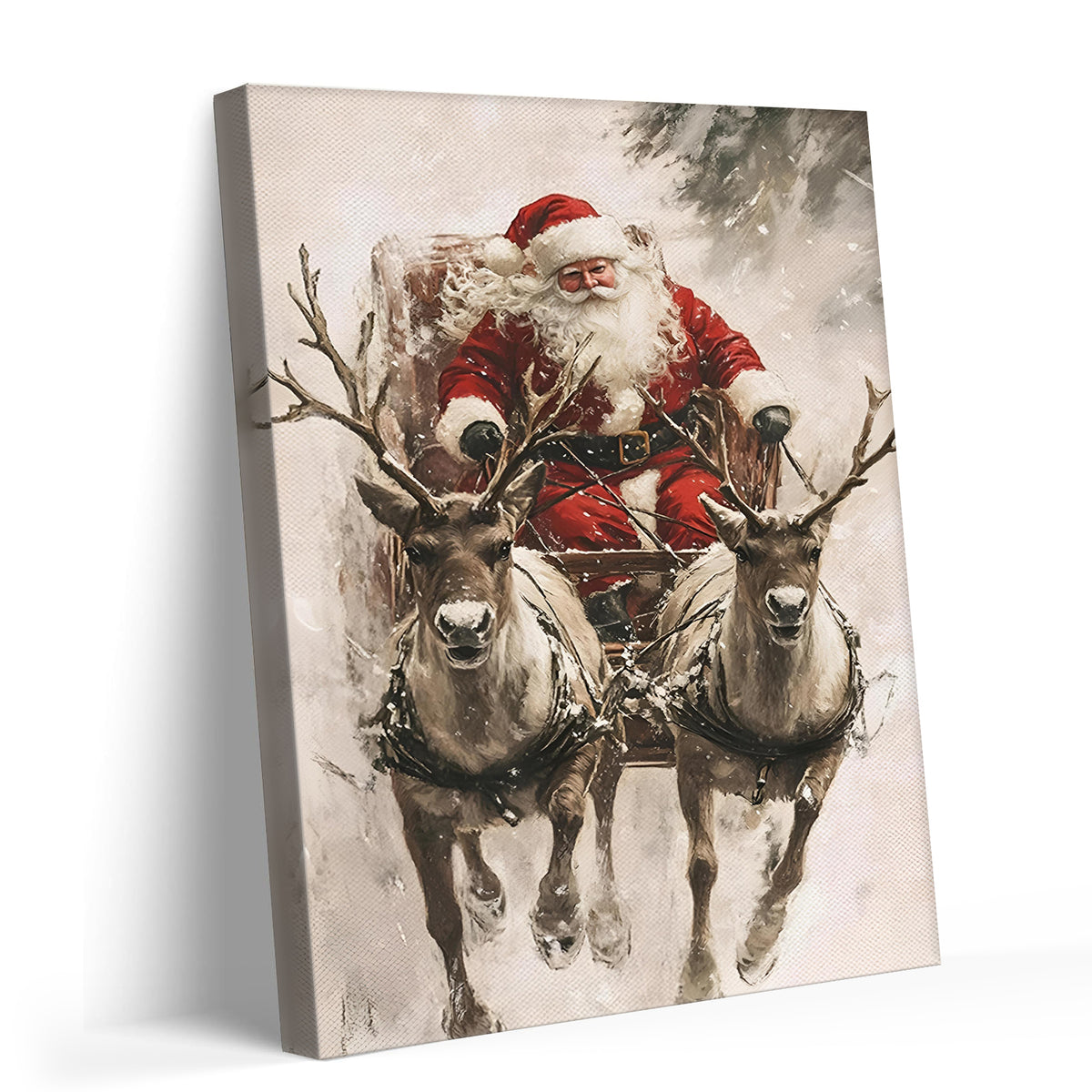 Santa Claus Sleigh with Reindeer Christmas Canvas Wall Art, Vintage Holiday Artwork for Living Room and Entryway