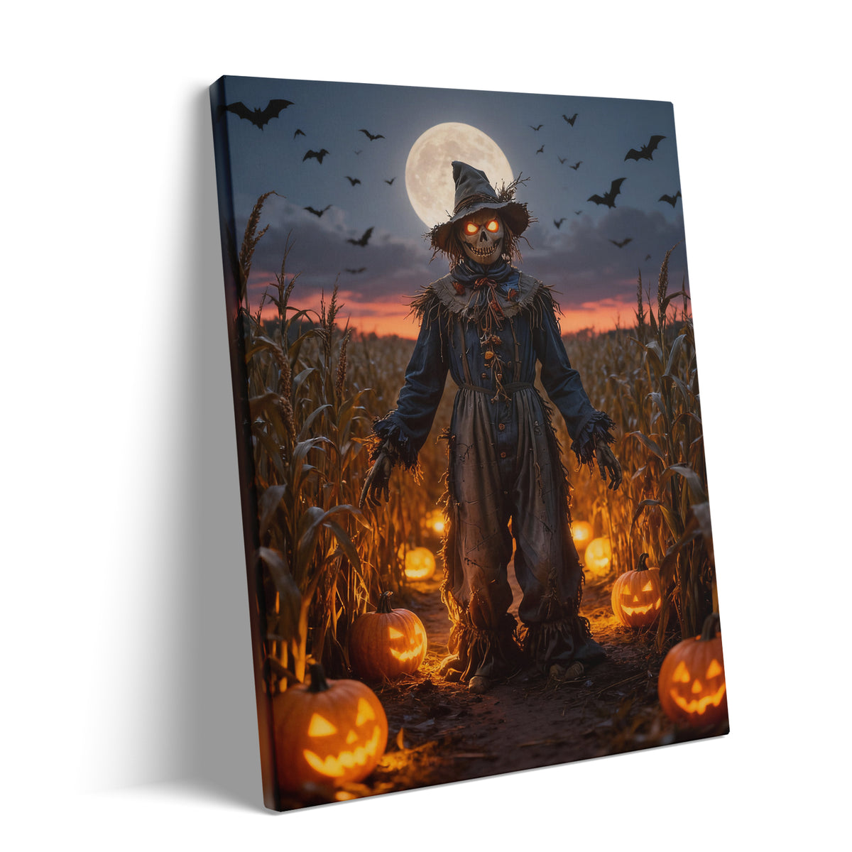 Moonlit Pumpkin Field Scarecrow Halloween Canvas Wall Art
