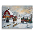 Christmas Tree Farm Canvas Wall Art, Snowy Rustic Farmhouse Landscape with Horse Cart Holiday Decor