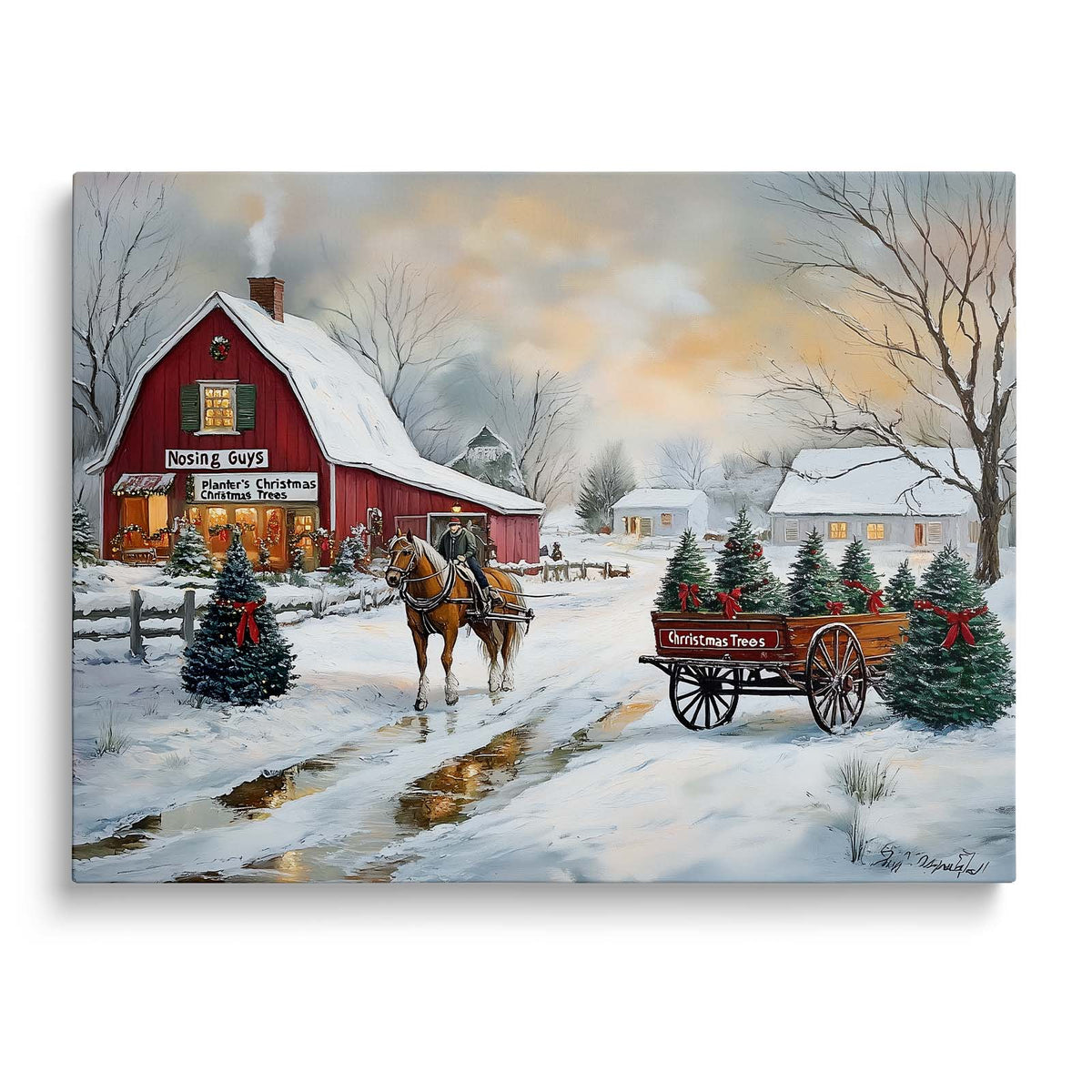 Christmas Tree Farm Canvas Wall Art, Snowy Rustic Farmhouse Landscape with Horse Cart Holiday Decor
