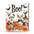 Halloween Boo! Animal Friends Canvas Wall Art – Cute Watercolor Dogs, Bats and Pumpkins Decor