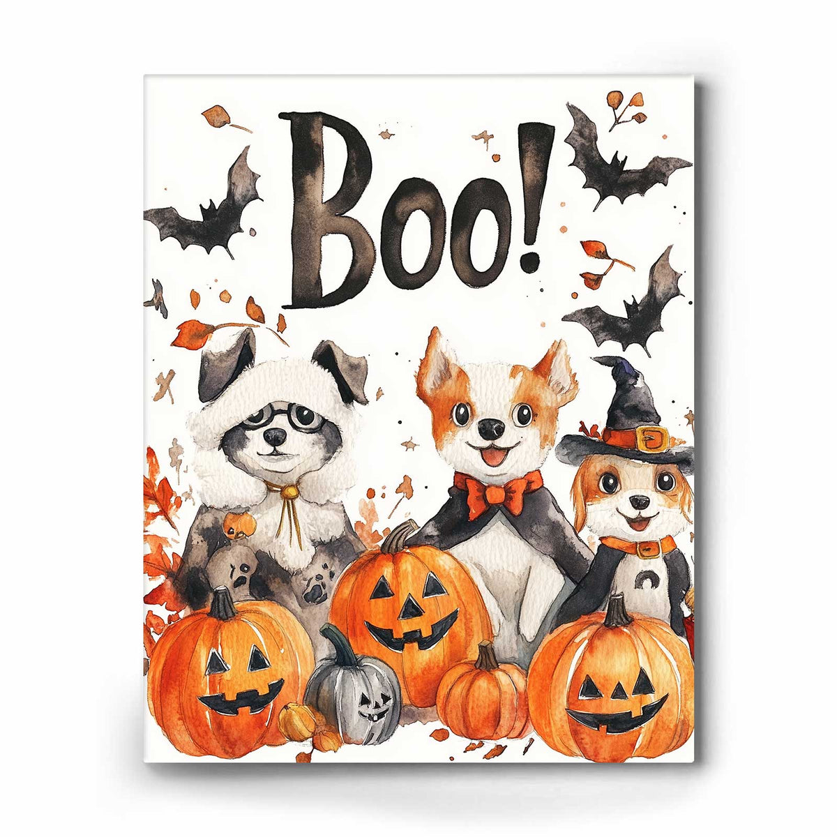 Halloween Boo! Animal Friends Canvas Wall Art – Cute Watercolor Dogs, Bats and Pumpkins Decor