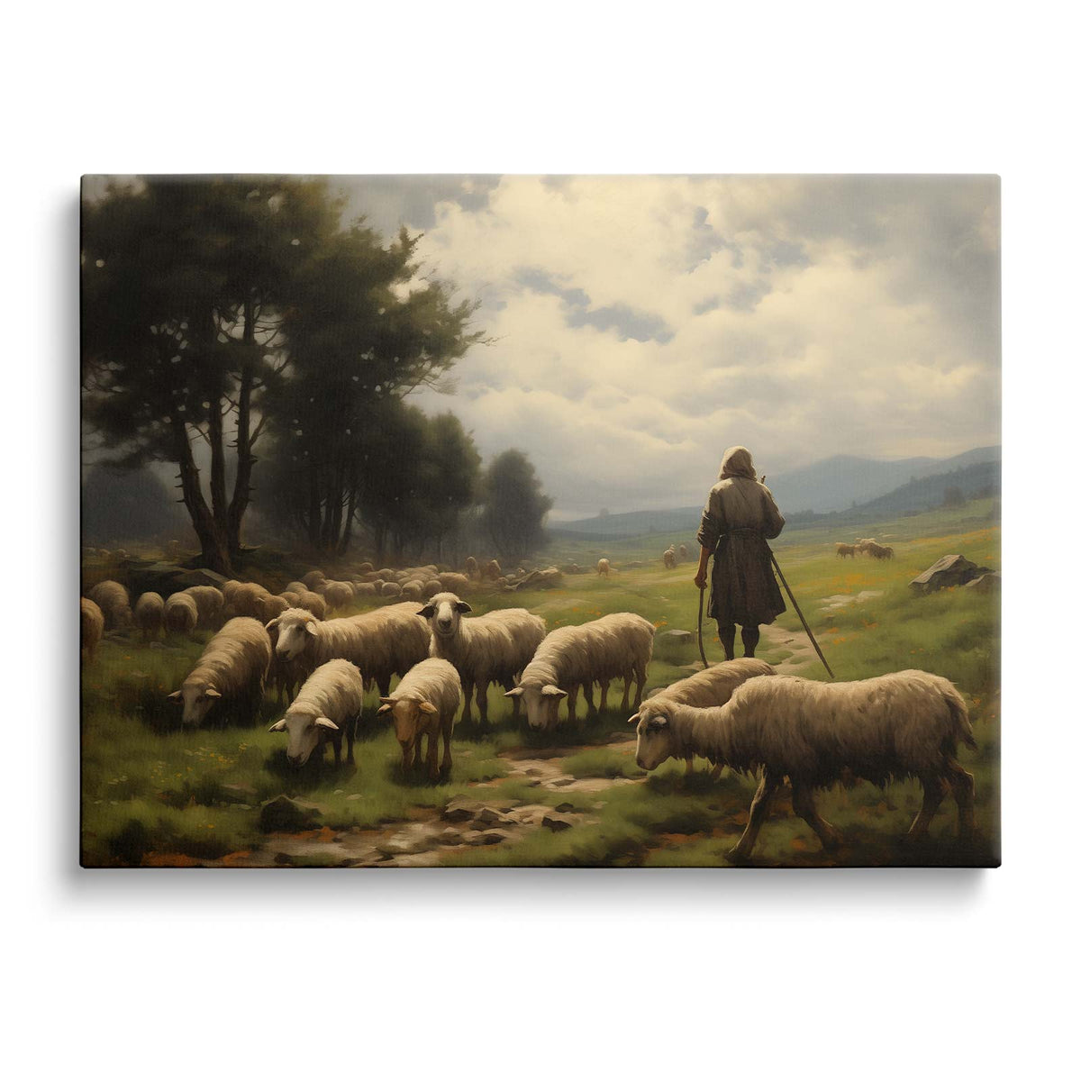 Classic Pastoral Landscape Painting Shepherd and Sheep Pasture Wall Art