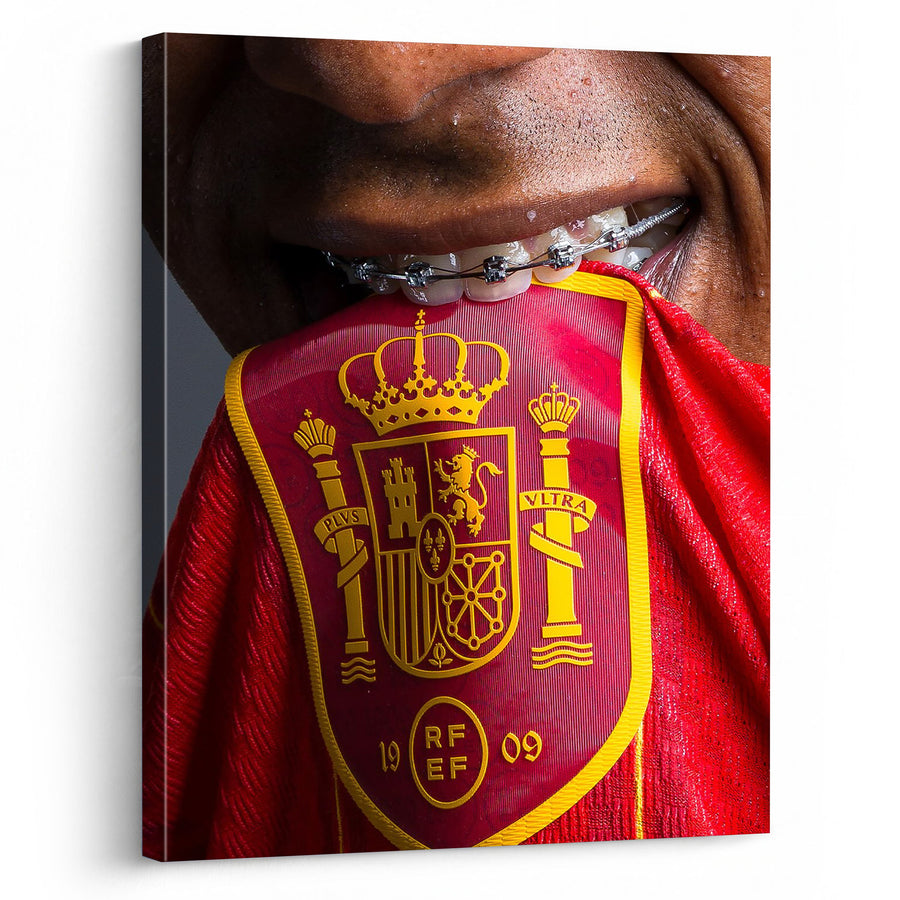 Spain Soccer Crest Kiss Canvas Wall Art – Red and Gold Team Pride Print