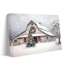 Christmas Farmhouse Barn Canvas Wall Art, Snowy Country Barn with Christmas Tree and Wreath Holiday Decor