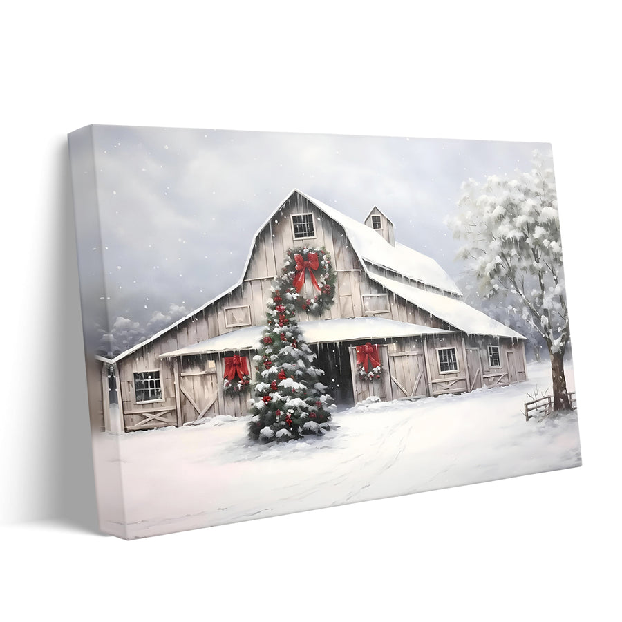 Rustic Christmas Farmhouse Canvas Wall Art, Snowy Barn and Country Holiday Decor