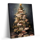 Book Lover Christmas Tree Canvas Wall Art, Stacked Books Holiday Decor for Home Library and Reading Room