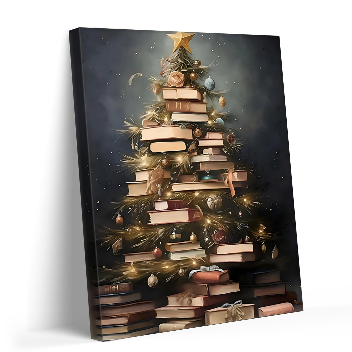 Book Lover Christmas Tree Canvas Wall Art, Stacked Books Holiday Decor for Home Library and Reading Room