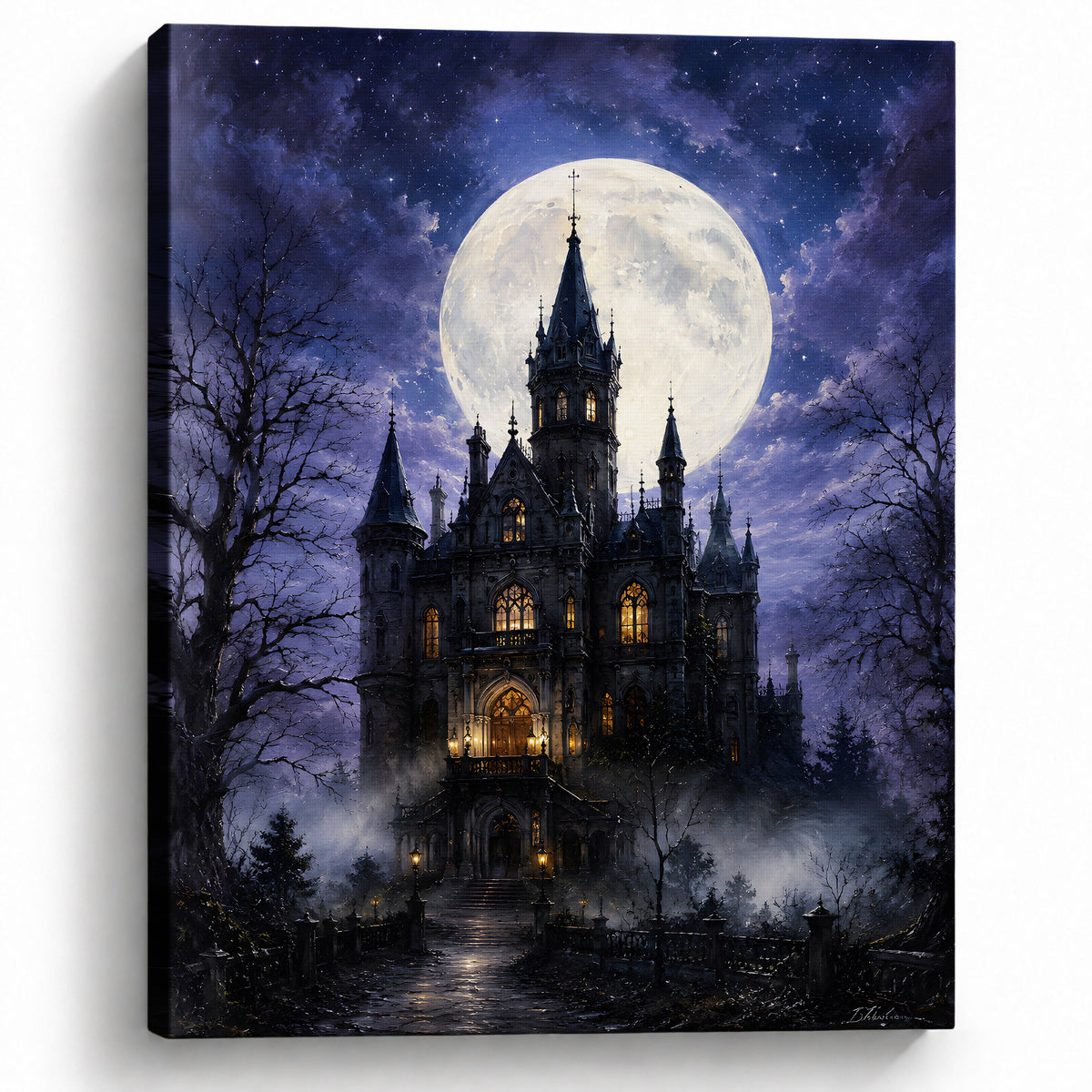Gothic Castle and Bats Halloween Canvas Wall Art, Dark Fantasy Fall Decor for Living Room, Bedroom and Office