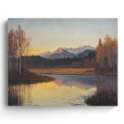 Mountain Lake at Autumn Sunset Serene Rustic Landscape Painting Wall Art