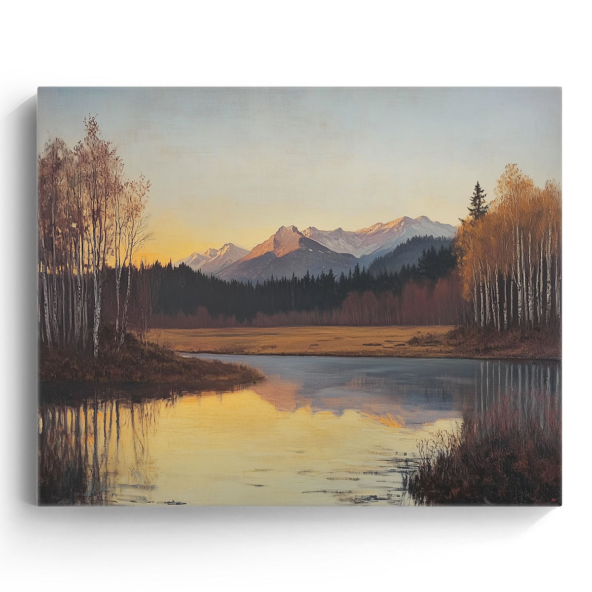 Mountain Lake at Autumn Sunset Serene Rustic Landscape Painting Wall Art