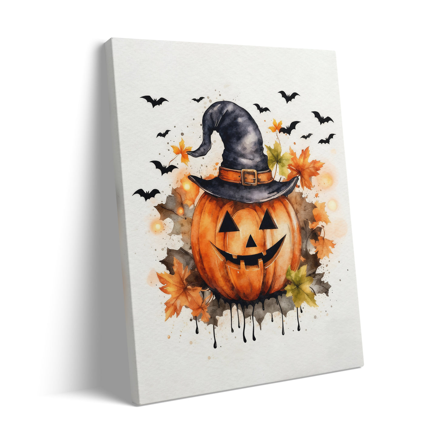 Watercolor Witch Hat Pumpkin Halloween Canvas Wall Art