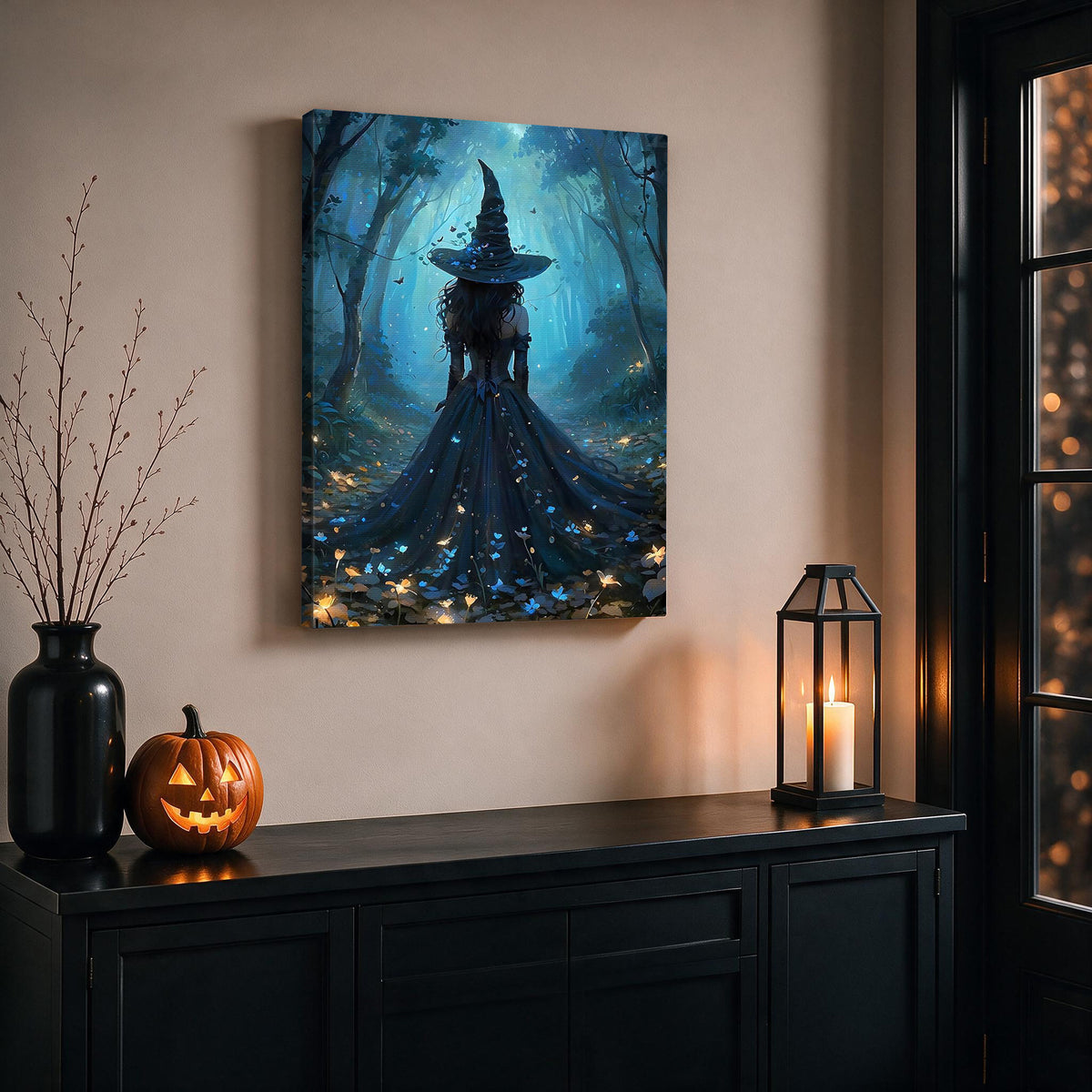 Witch Silhouette Halloween Canvas Wall Art, Magical Gothic Decor