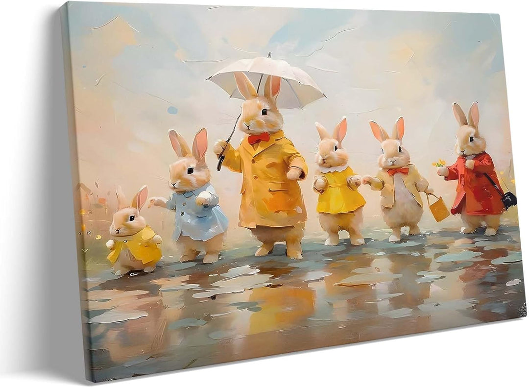 Framed Easter Canvas Wall Art, Bunny Family in Rainy Spring Print Poster, Whimsical Oil Painting Heartwarming Fun Artwork Decoration Pictures