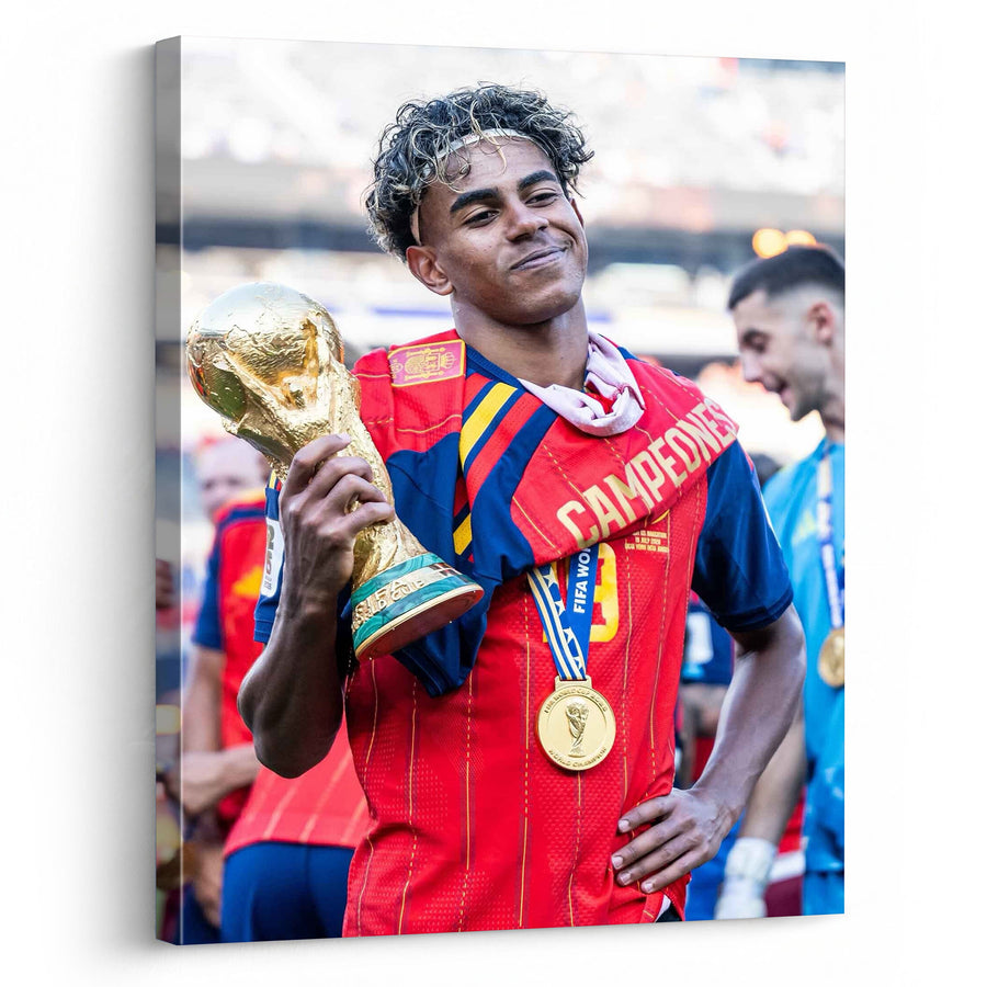 Lamine Yamal Champion Trophy Canvas Wall Art – Spain Soccer Celebration Print