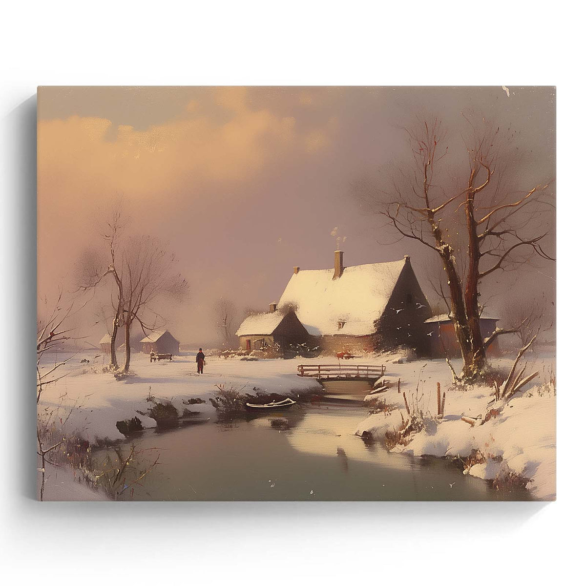 Snowy Winter Village by the River Impressionist Snowy Countryside Landscape Painting Wall Art
