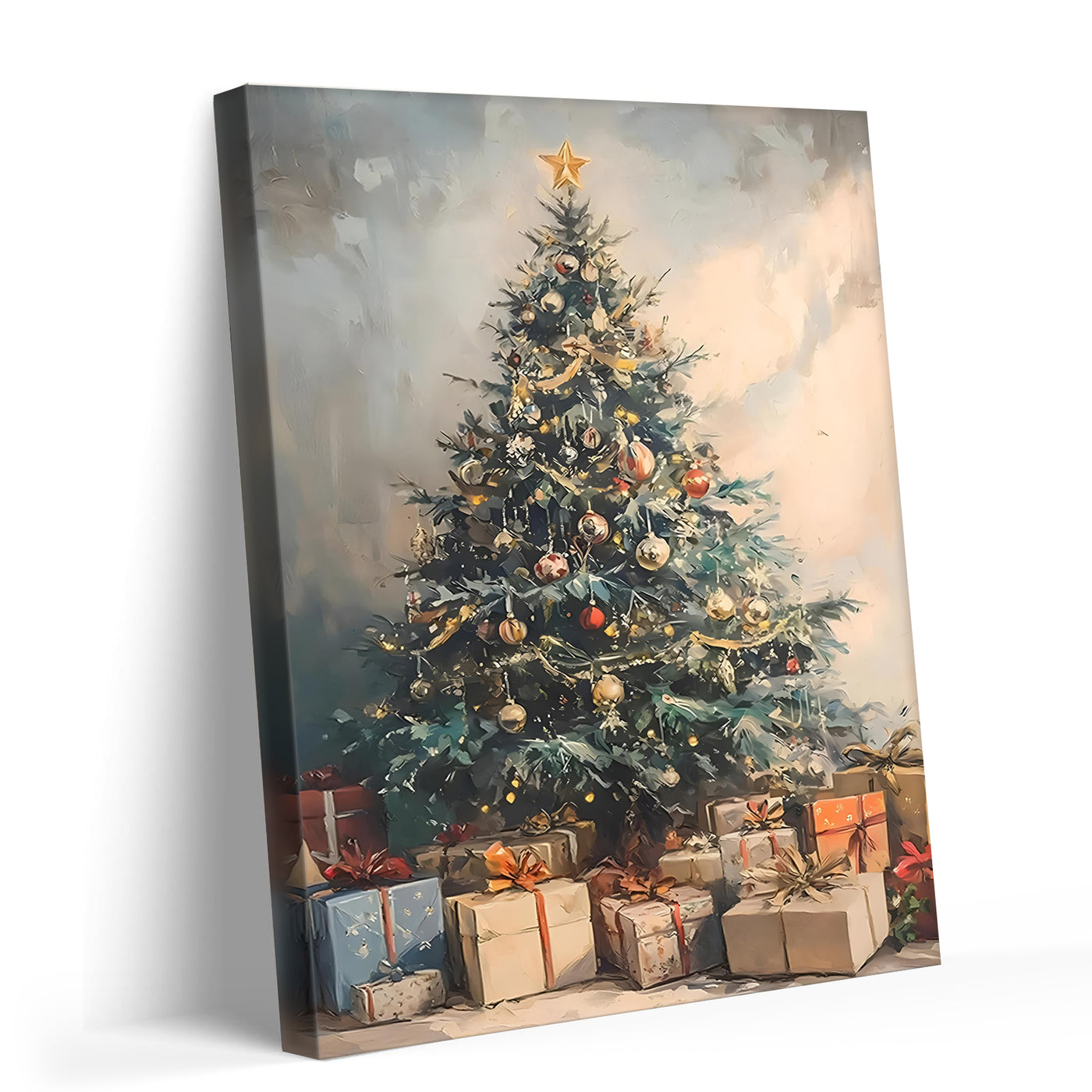 Decorated Christmas Tree Canvas Wall Art with Gifts, Festive Holiday Artwork for Living Room, Bedroom and Entryway