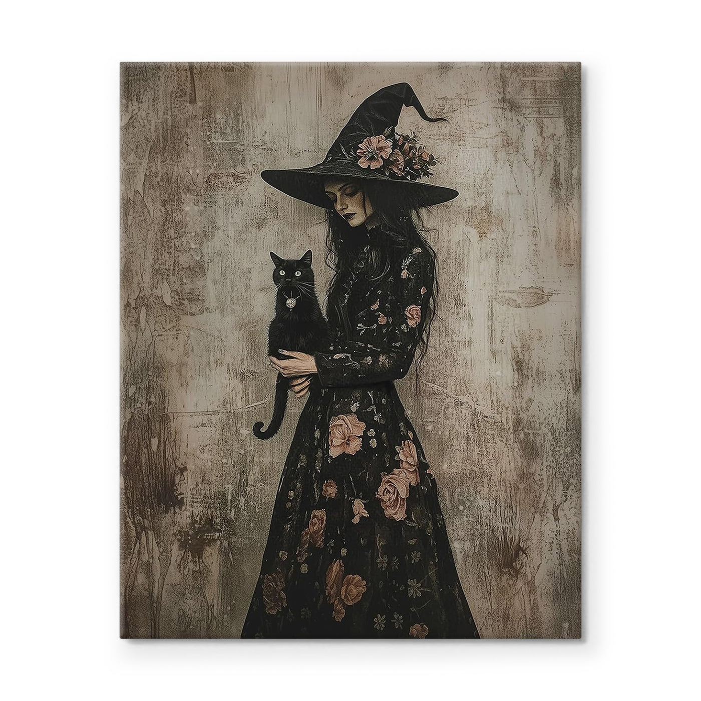 Floral Witch and Black Cat Halloween Canvas Wall Art