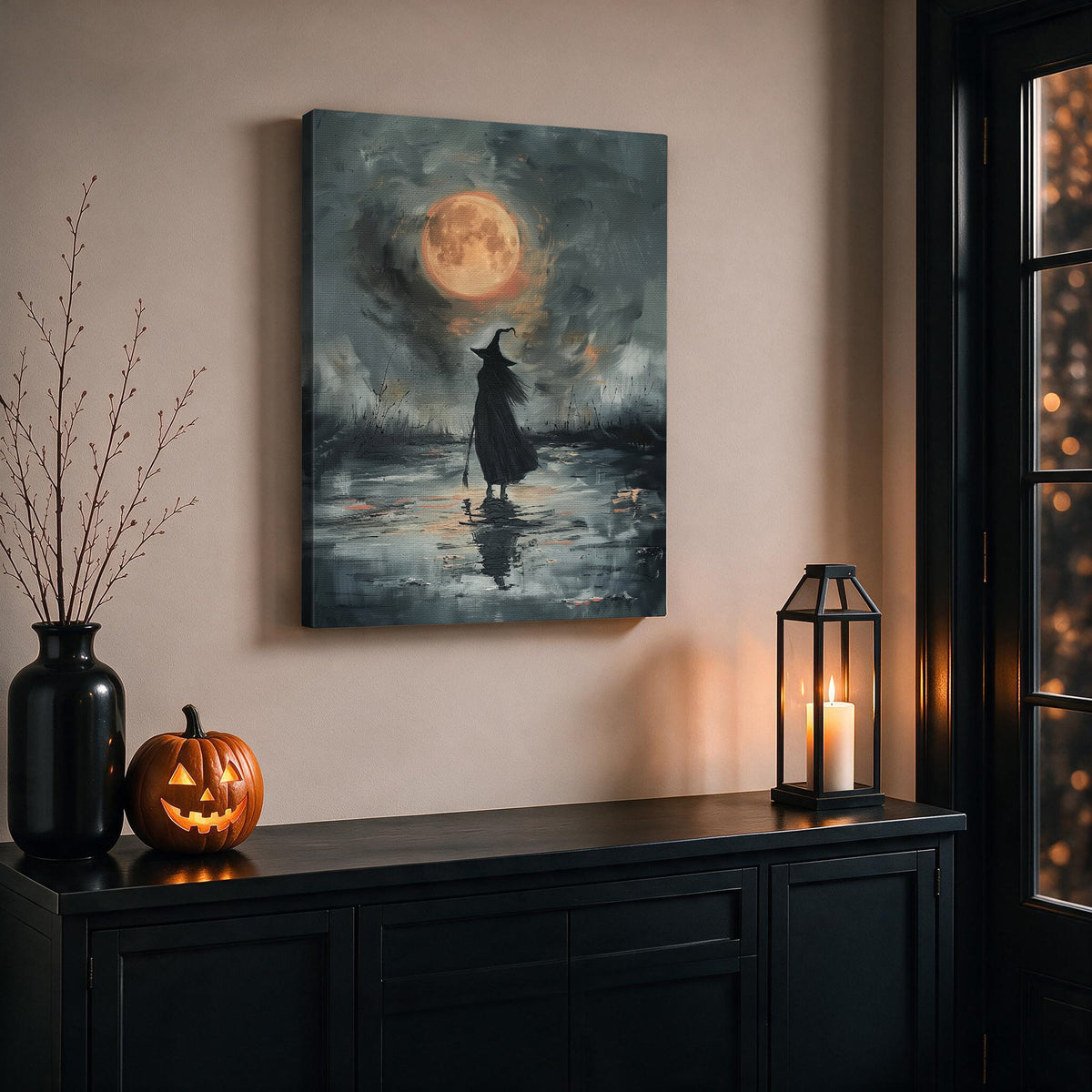 Witch Walking Through the Meadow Halloween Canvas Wall Art