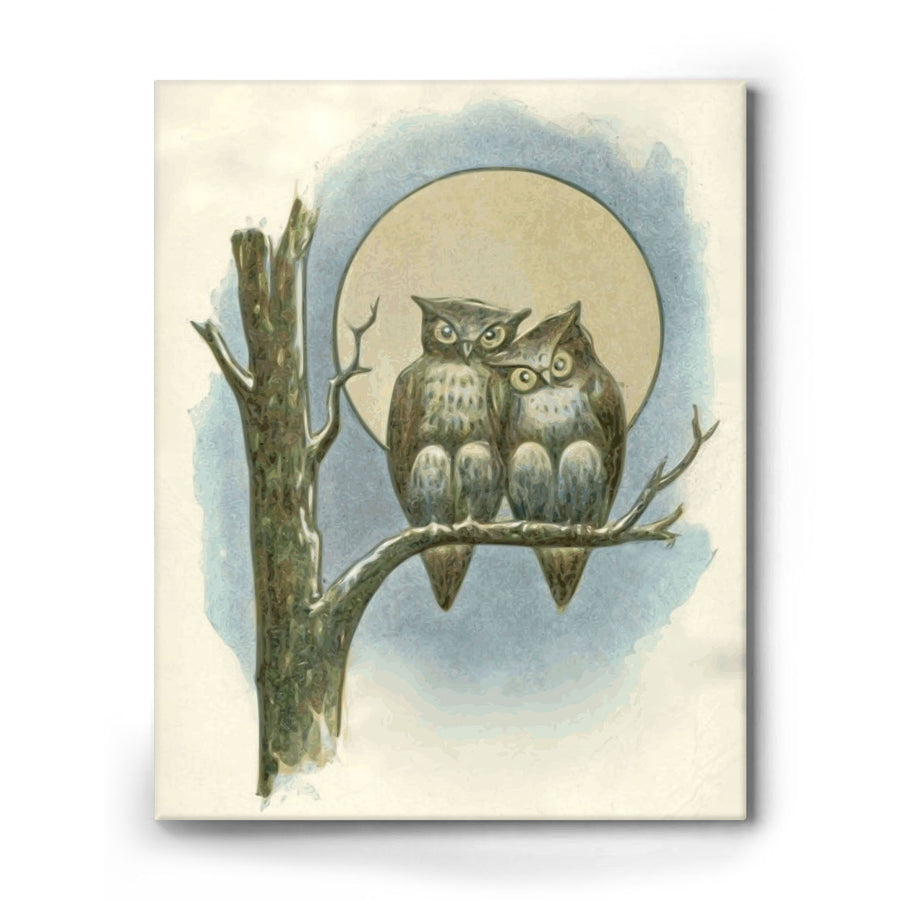 Vintage Watercolor Owl Moonlight Art Couple Wall Art