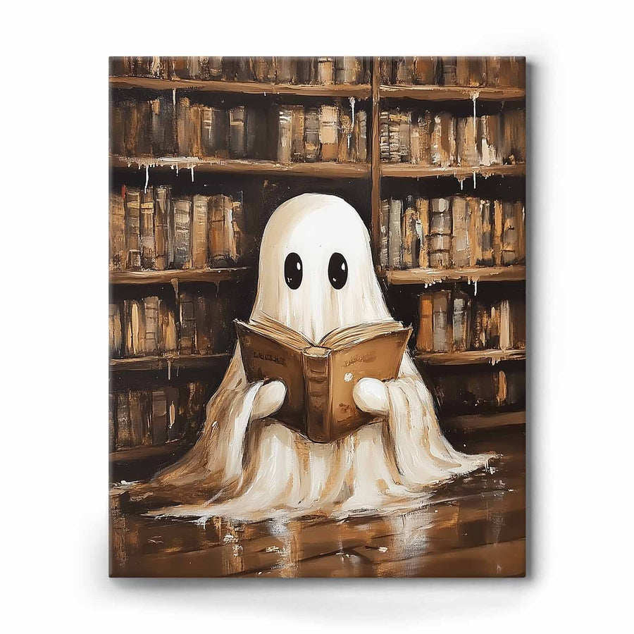 Cute Ghost Reading in the Library Whimsical Halloween Storybook Illustration Wall Art