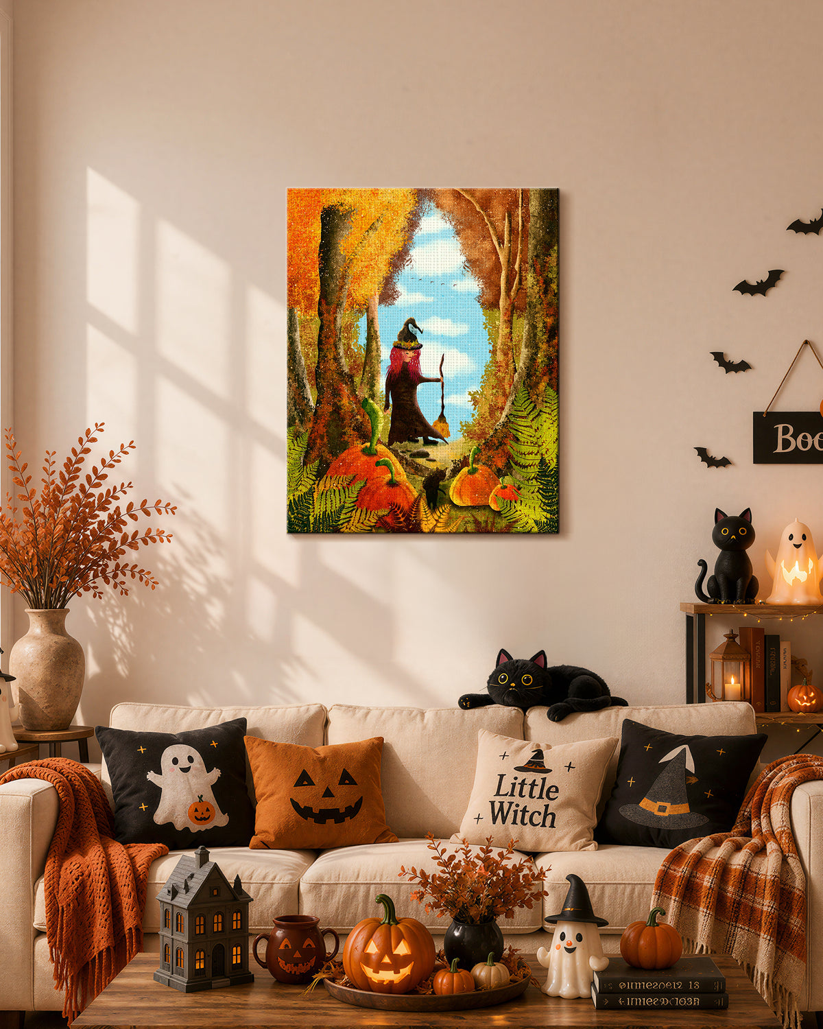 Little Witch’s Pumpkin Forest Adventure Halloween Canvas Wall Art
