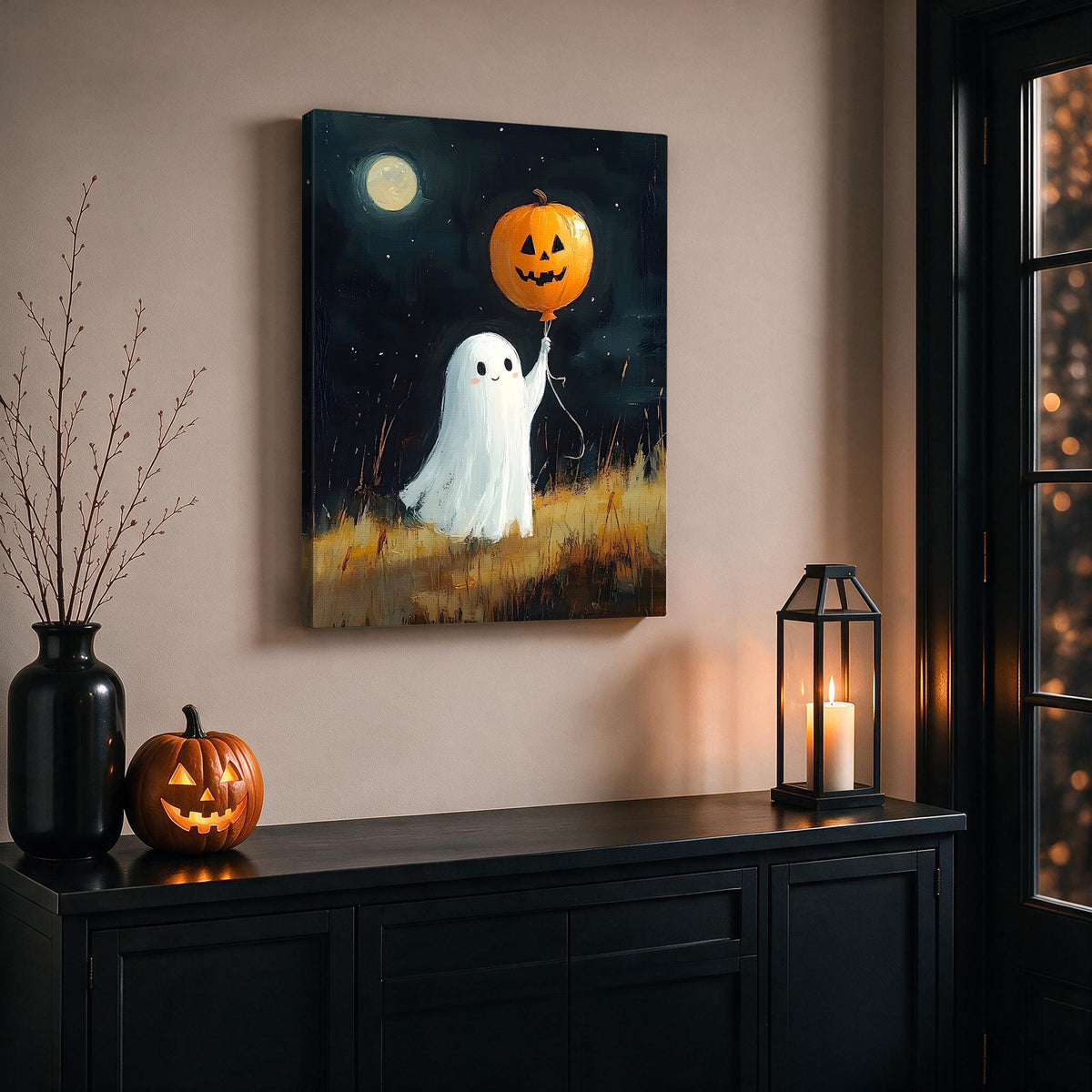 Cute Ghost and Pumpkin Halloween Canvas Wall Art, Whimsical Gothic Fall Decor for Home, Bedroom and Kids’ Room