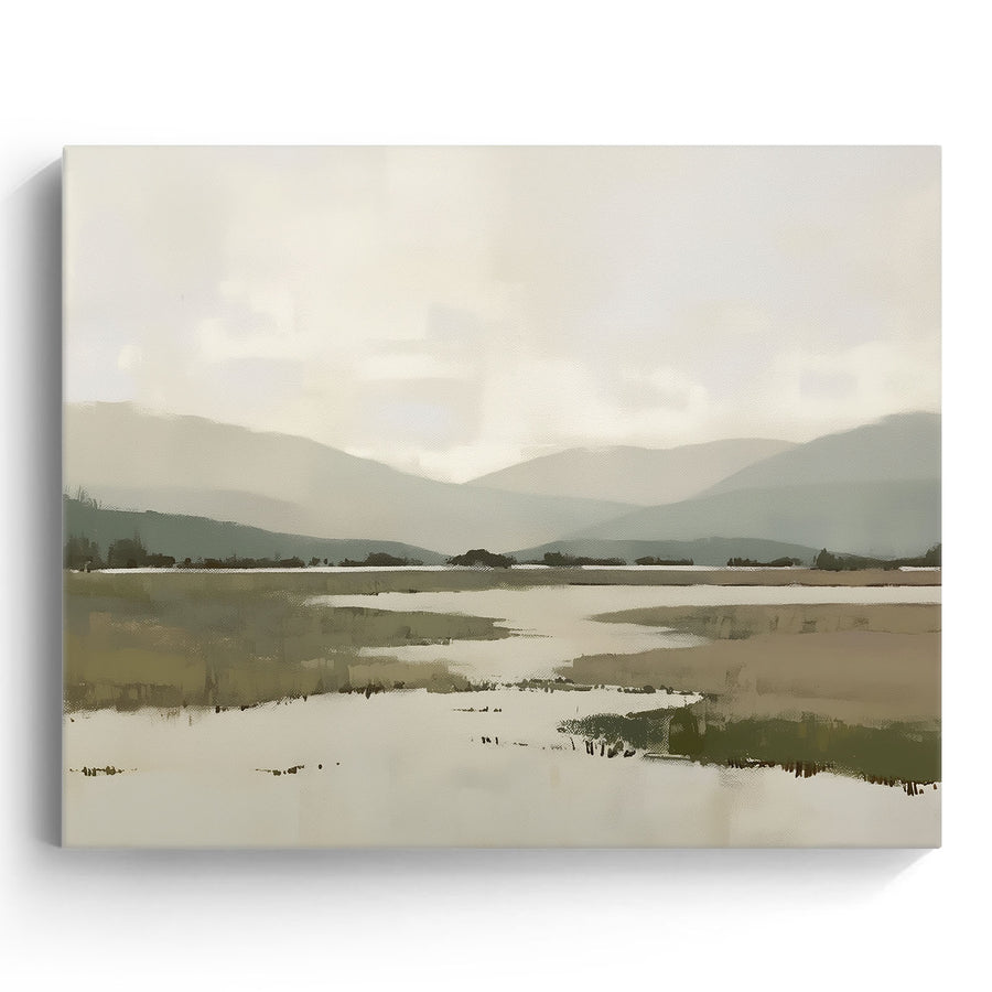 Misty Mountain Lake Minimalist Soft-Tone Landscape Painting Wall Art