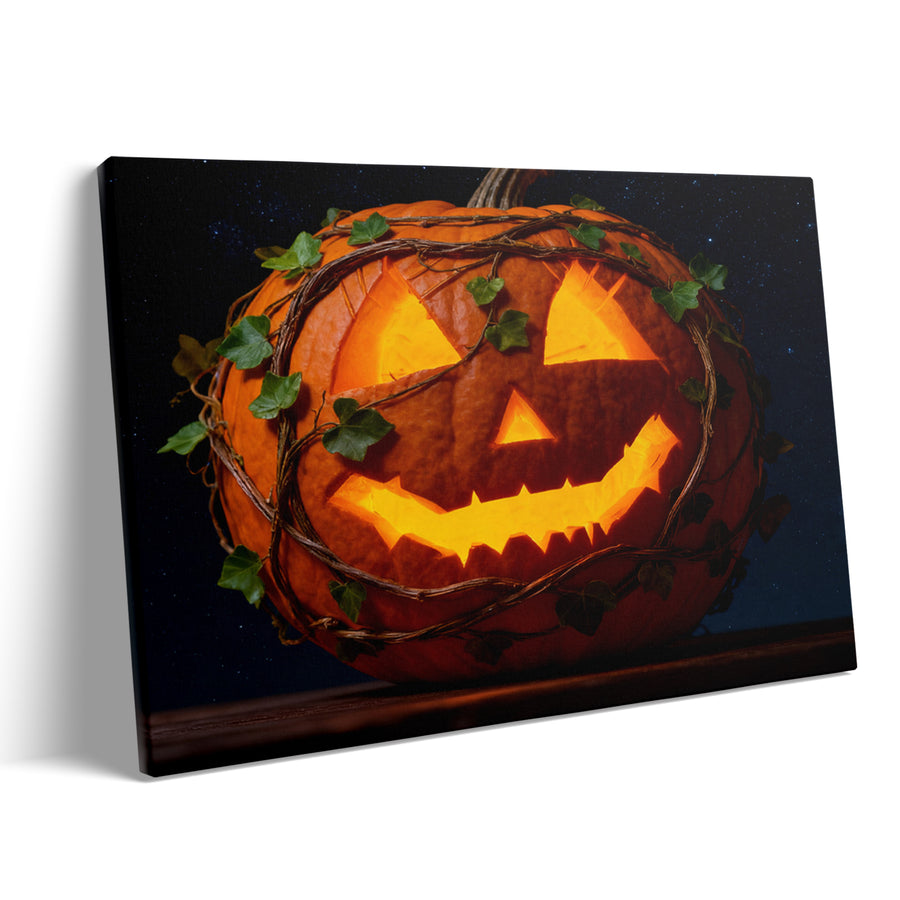 Vine-Wrapped Jack-o’-Lantern Halloween Canvas Wall Art