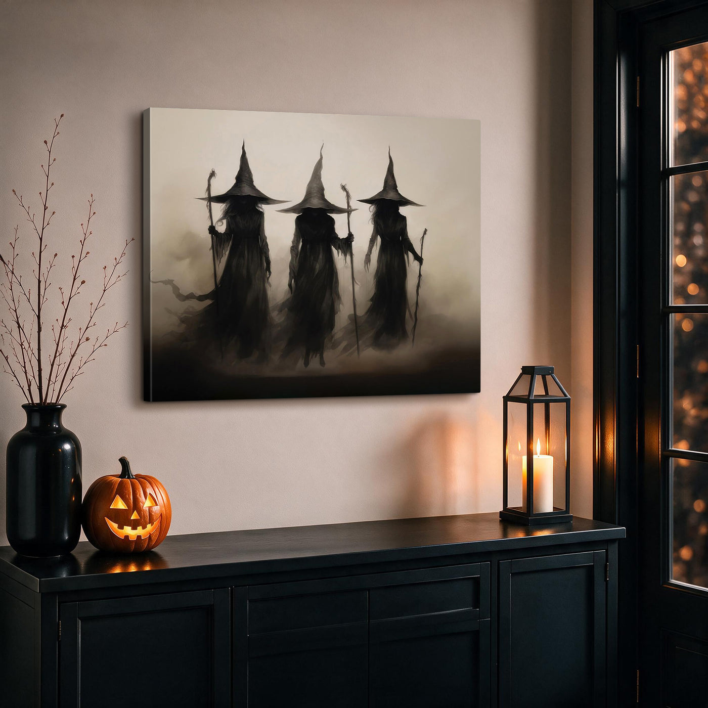 Witch Walking Through the Meadow Halloween Canvas Wall Art